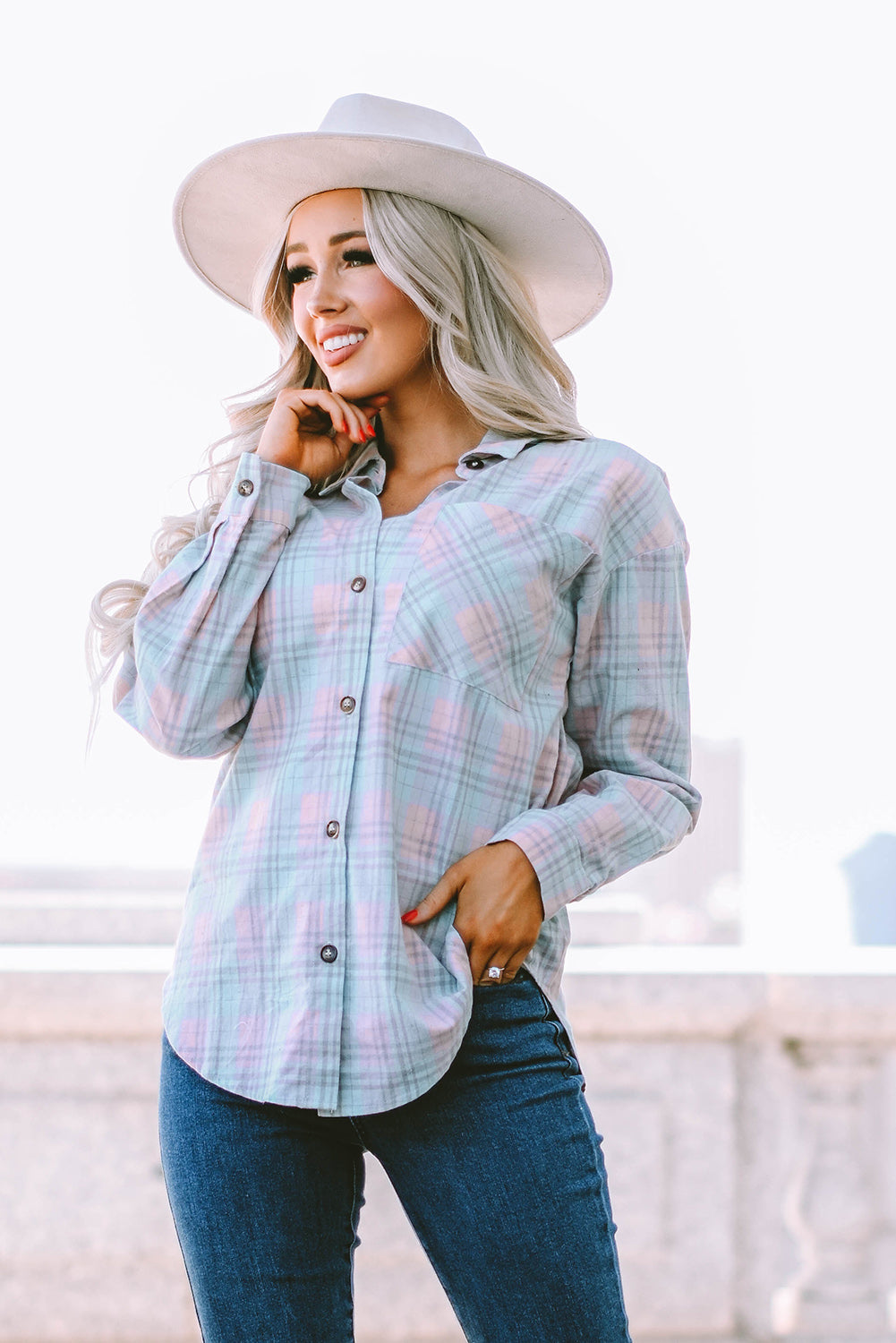 Plaid Button-Up Dropped Shoulder Shirt