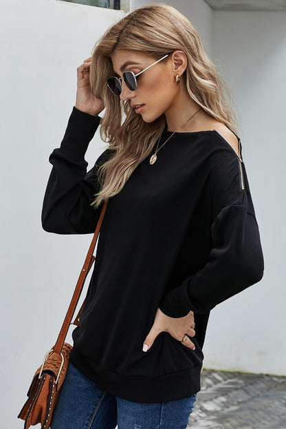 Zipper Detail Boat Neck Dropped Shoulder Sweatshirt