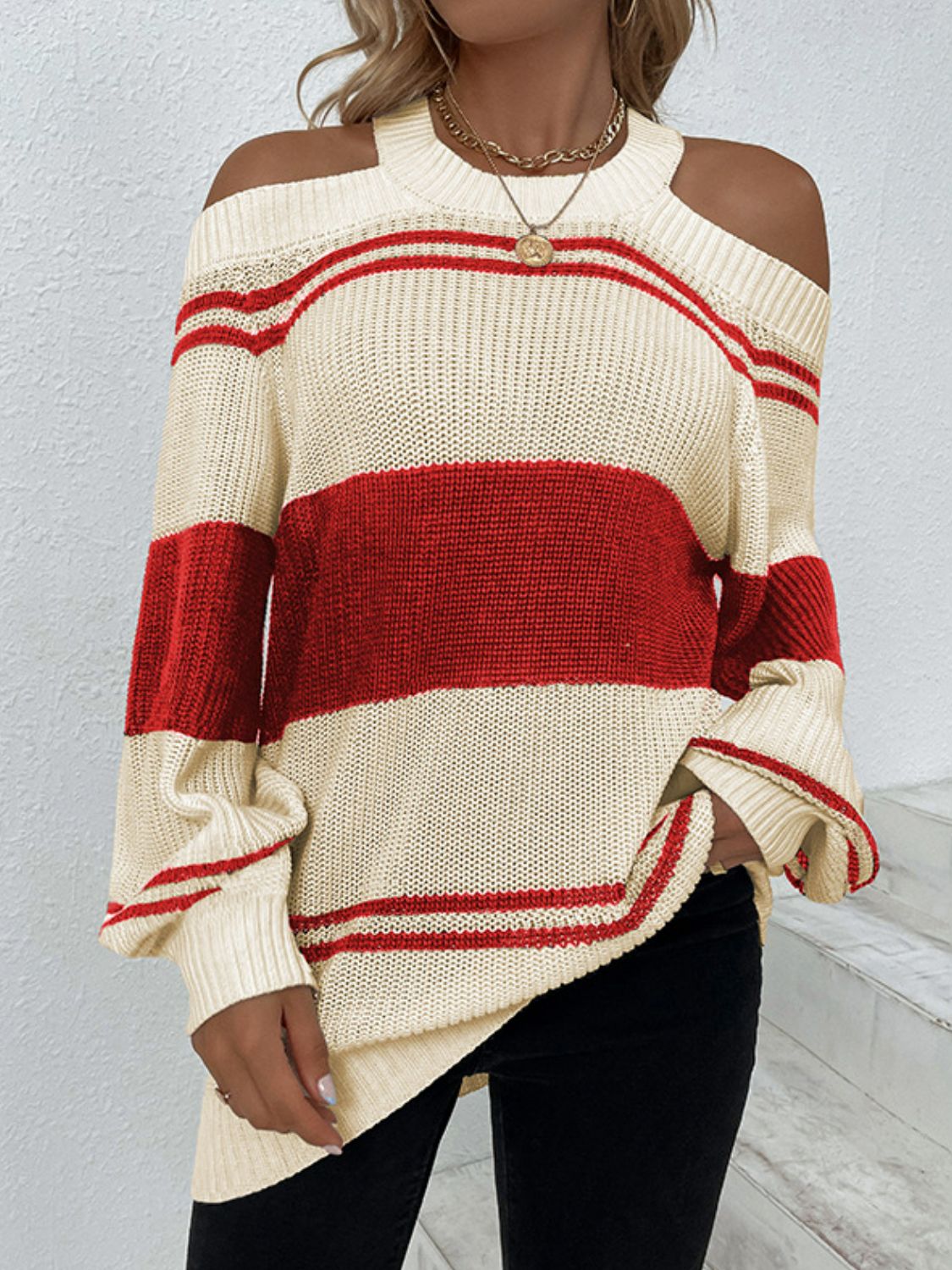 Striped Cutout Cold-Shoulder Tunic Sweater