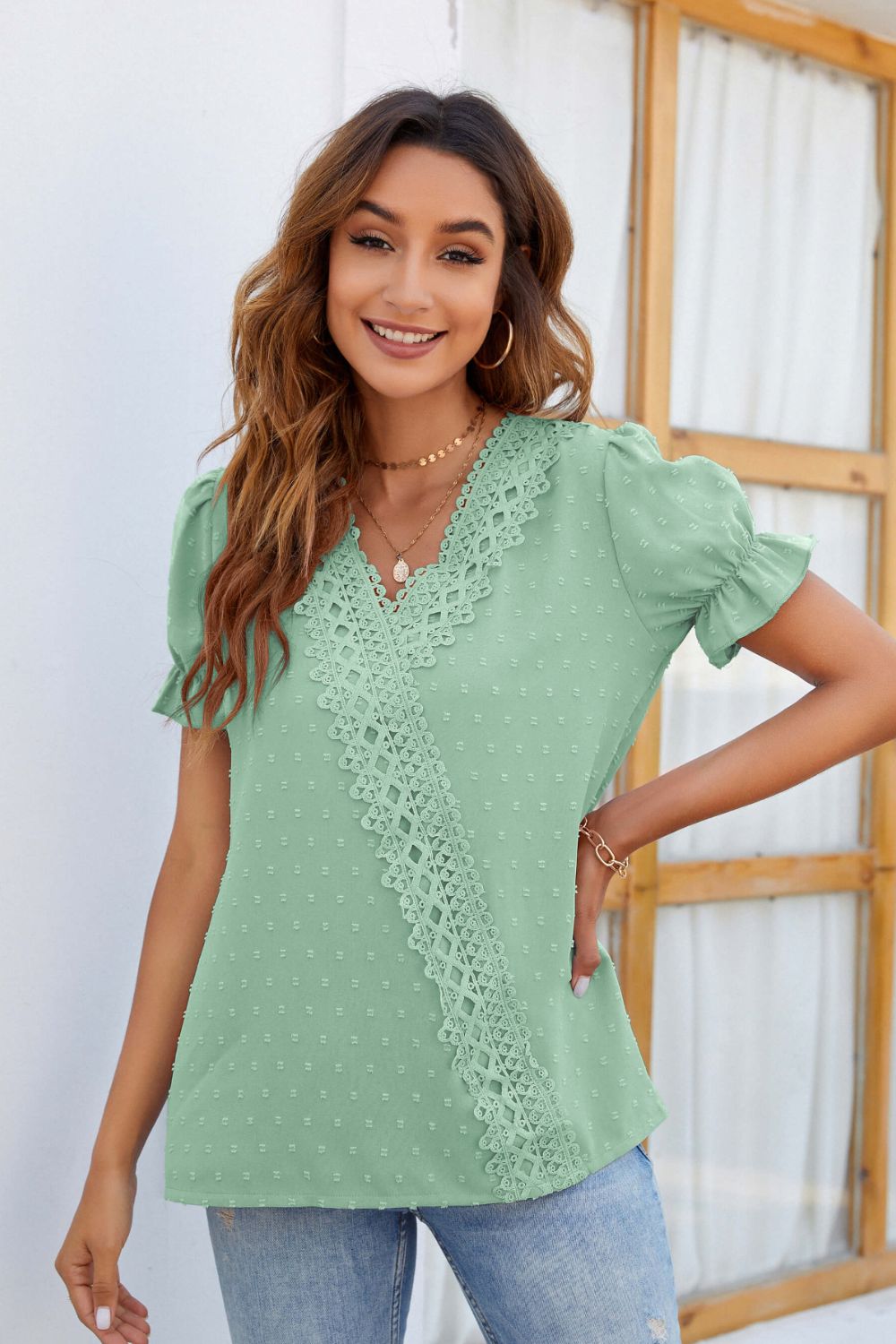 Swiss Dot Lace Trim Flounce Sleeve Blouse