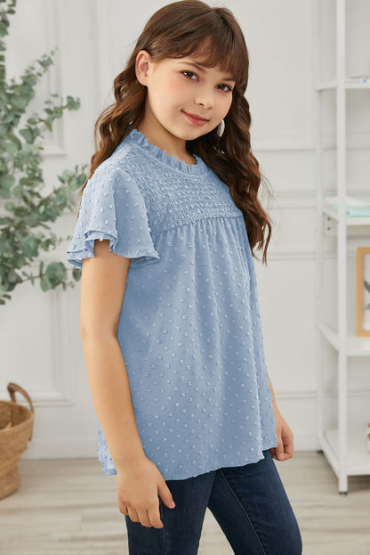 Blusa de manga volante con fruncido de lunares suizos para niñas