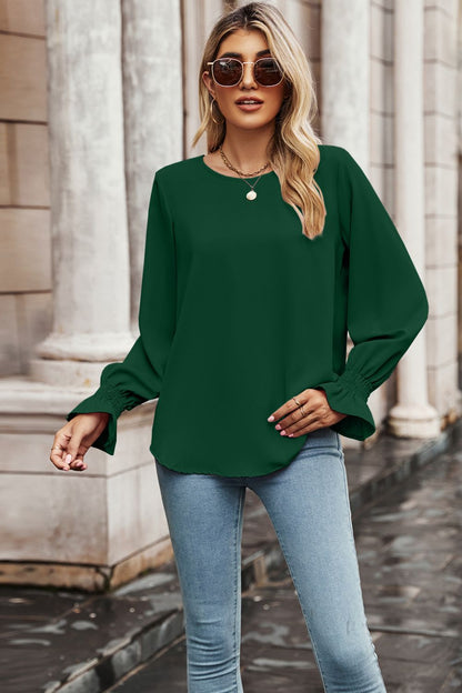 Round Neck Long Flounce Sleeve Blouse