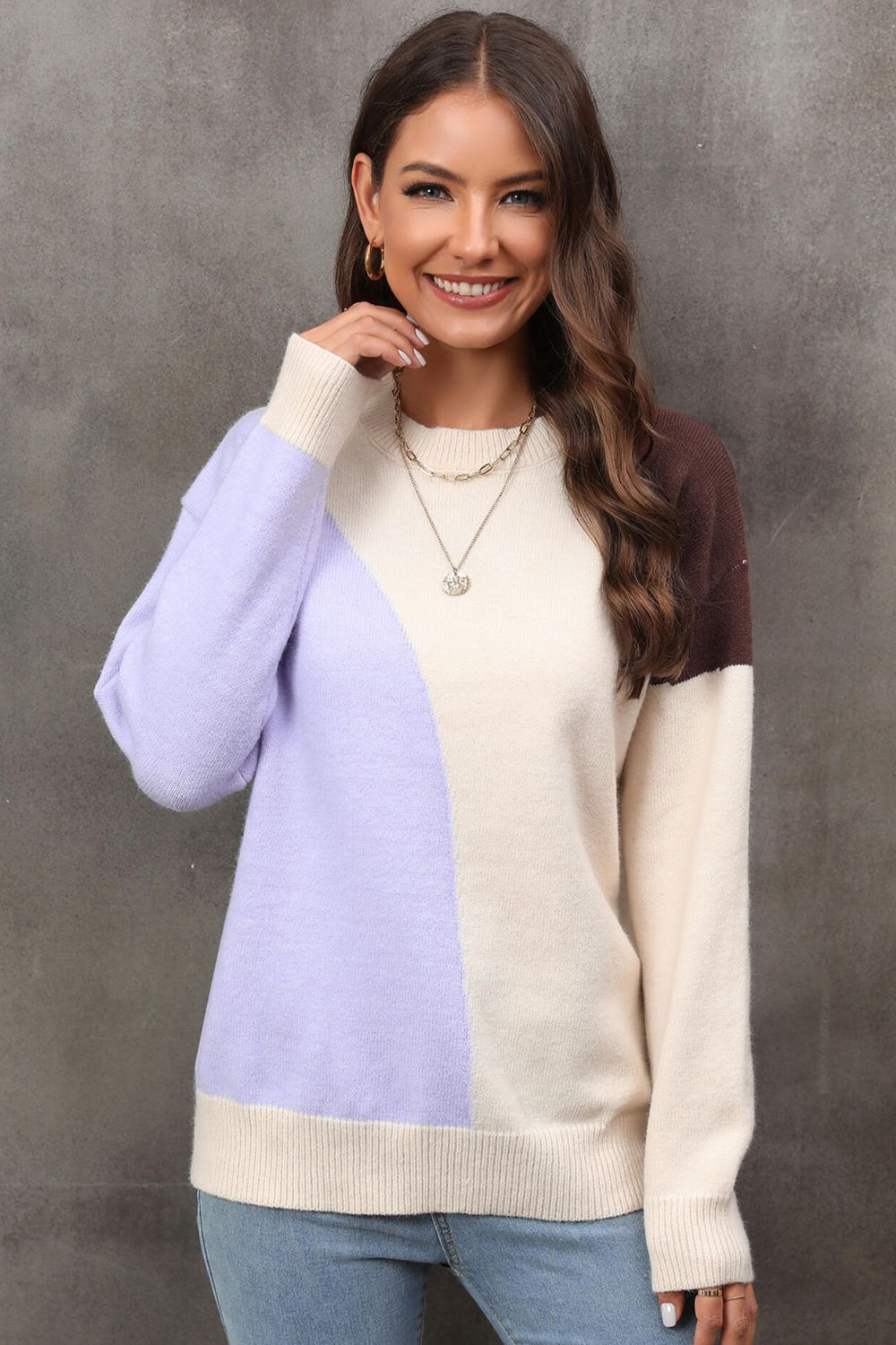 Color Block Ribbed Cuff Drop Shoulder Sweater