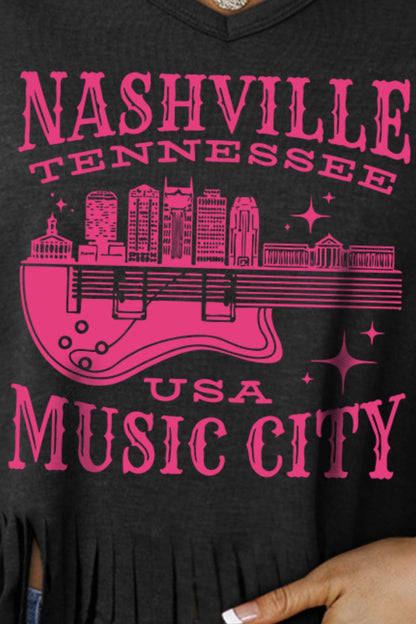 NASHVILLE TENNESSEE EE. UU. CIUDAD DE LA MÚSICA Camiseta estampada con dobladillo con flecos