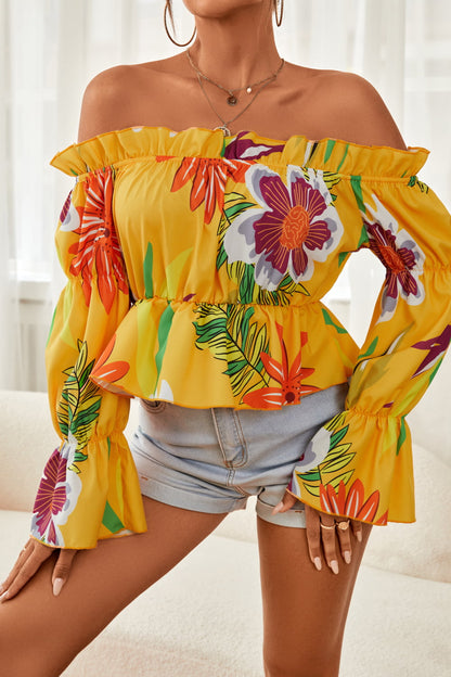 Floral Off-Shoulder Flounce Sleeve Peplum Blouse