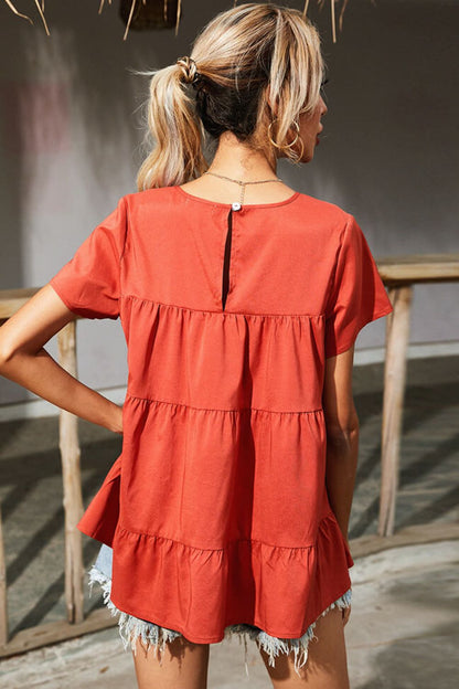 Round Neck Short Sleeve Tiered Blouse