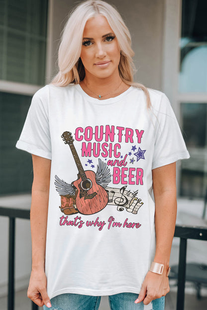 Camiseta de cuello redondo de música country y cerveza