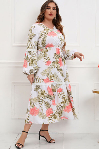 Plus Size Spliced Lace Surplice Balloon Sleeve Maxi Dress