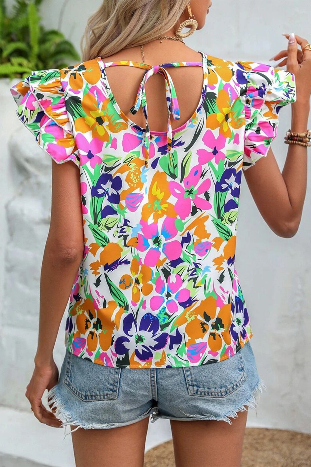 Floral Tie Back Flutter Sleeve Blouse