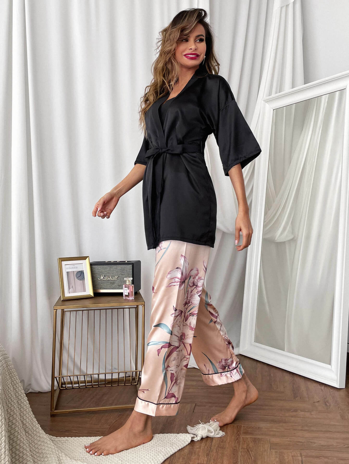 Cami, Robe, and Printed Pants Pajama Set