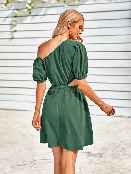 Cutout Asymmetrical Neck Puff Sleeve Dress