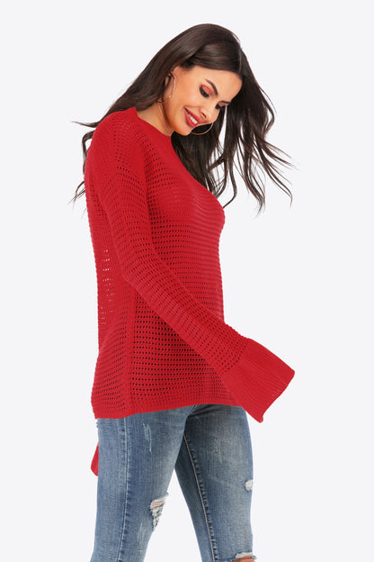 Openwork Flare Sleeve Round Neck Sweater