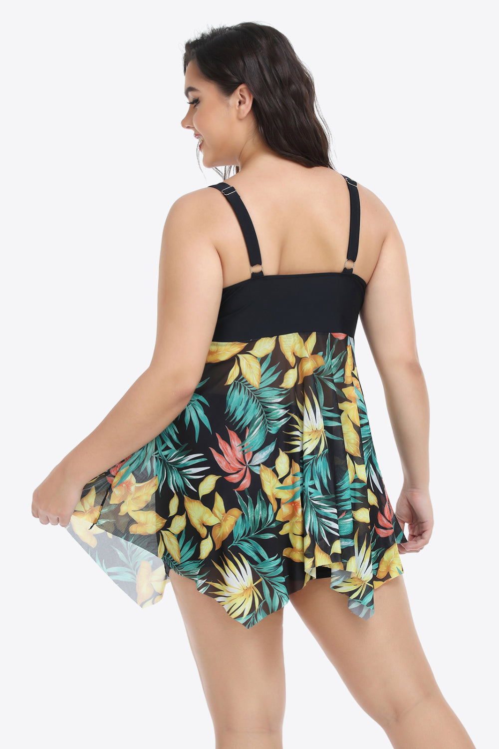 Traje de baño de dos piezas con dobladillo asimétrico floral en dos tonos de talla grande