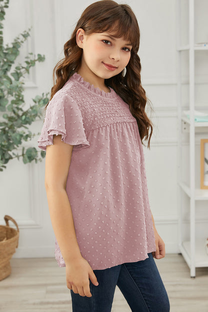 Blusa de manga volante con fruncido de lunares suizos para niñas