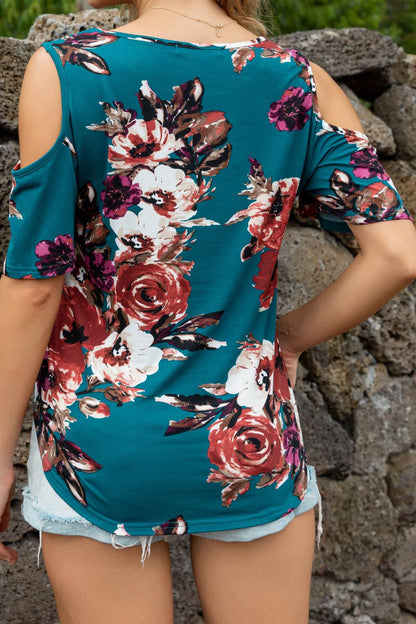 Floral Cold-Shoulder Round Neck Top