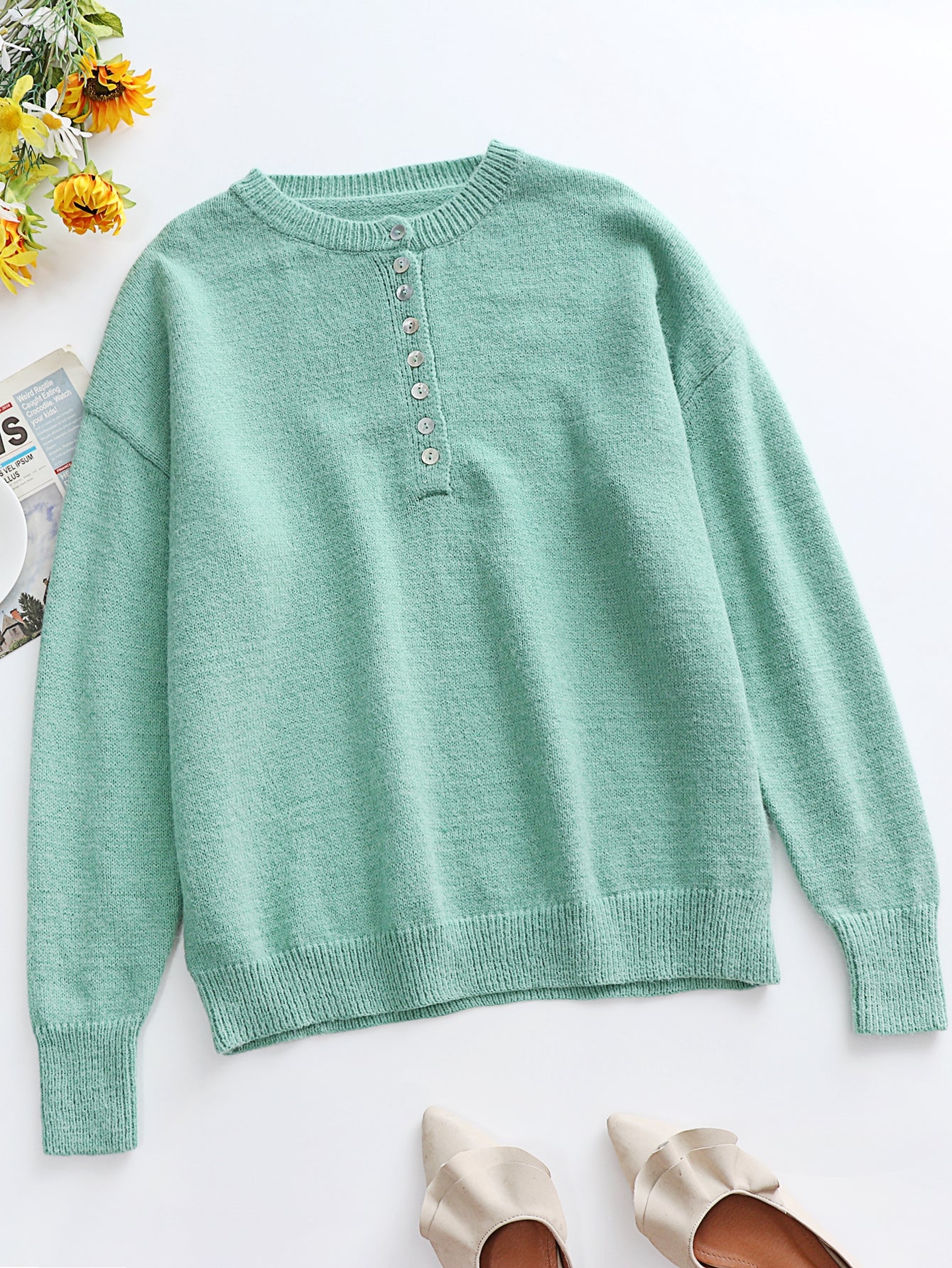 Half Button Long Sleeve Henley Sweater