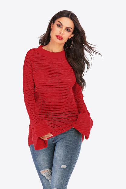 Openwork Flare Sleeve Round Neck Sweater