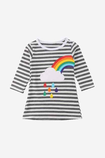 Girls Rainbow Graphic Striped Long Sleeve Dress