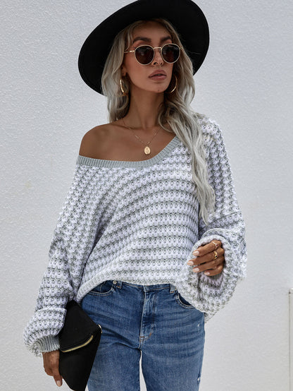 Striped Drop Shoulder V-Neck Pullover Sweater