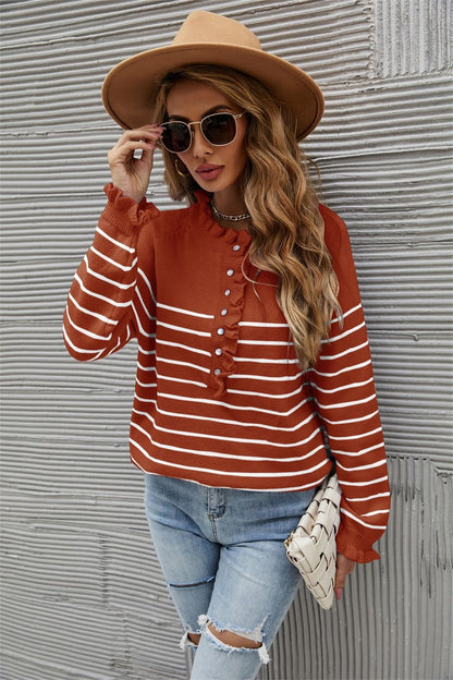 Striped Half-Button Frill Trim Sweater