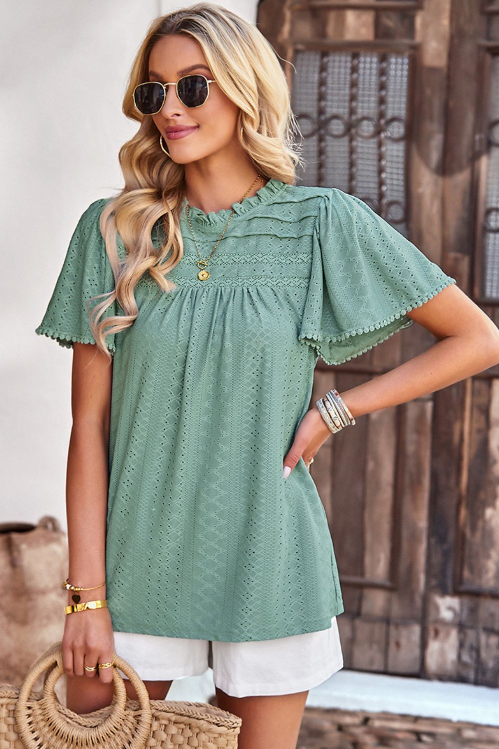 Frill Trim Round Neck Eyelet Puff Sleeve Blouse