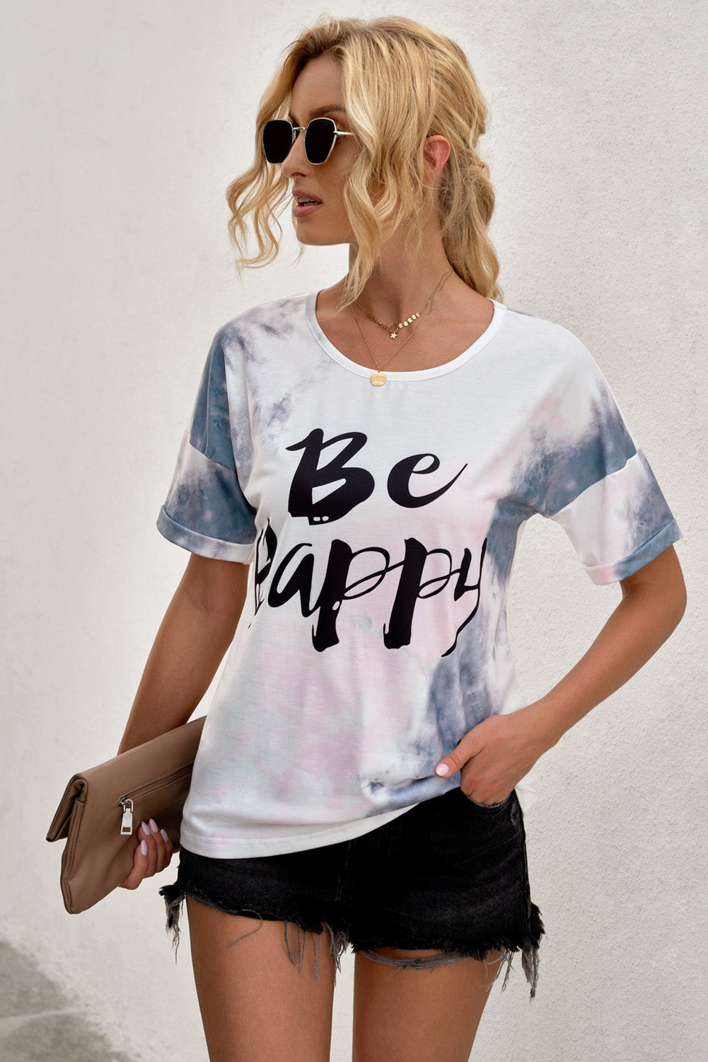 BE HAPPY Camiseta estampada con cuello redondo