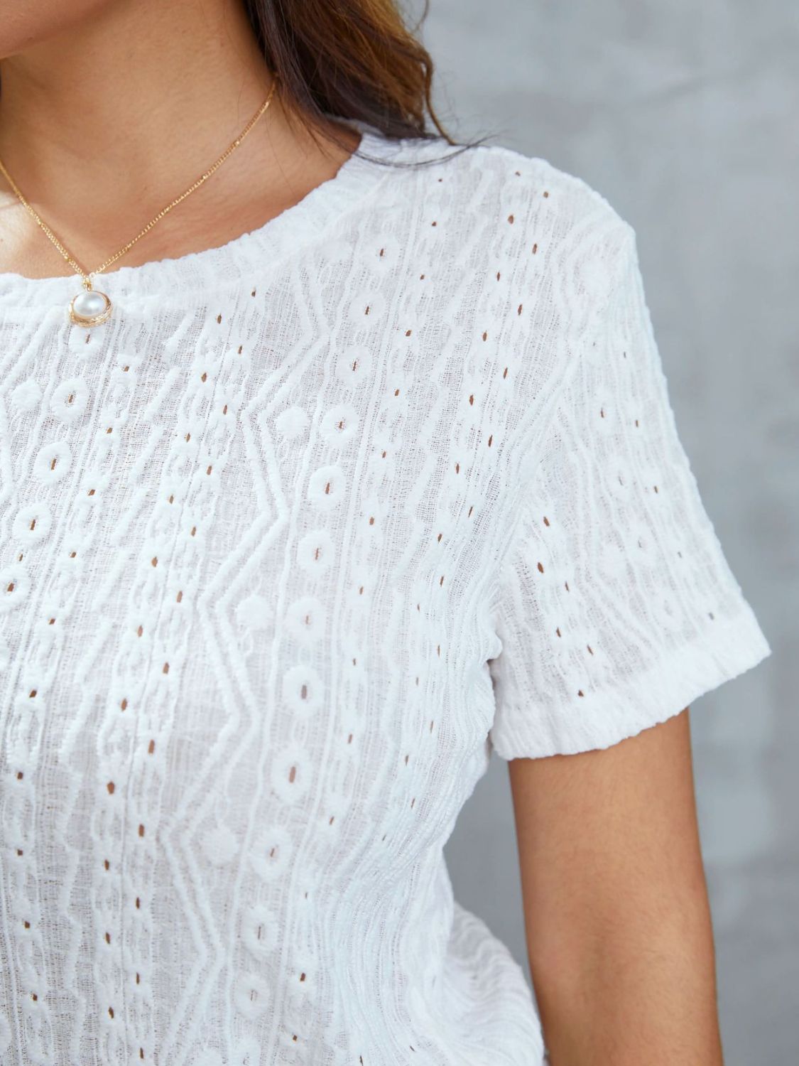 Openwork Short Sleeve Round Neck Top