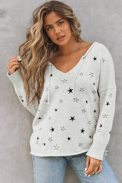 Star V-Neck Roll Hem Drop Shoulder Sweater