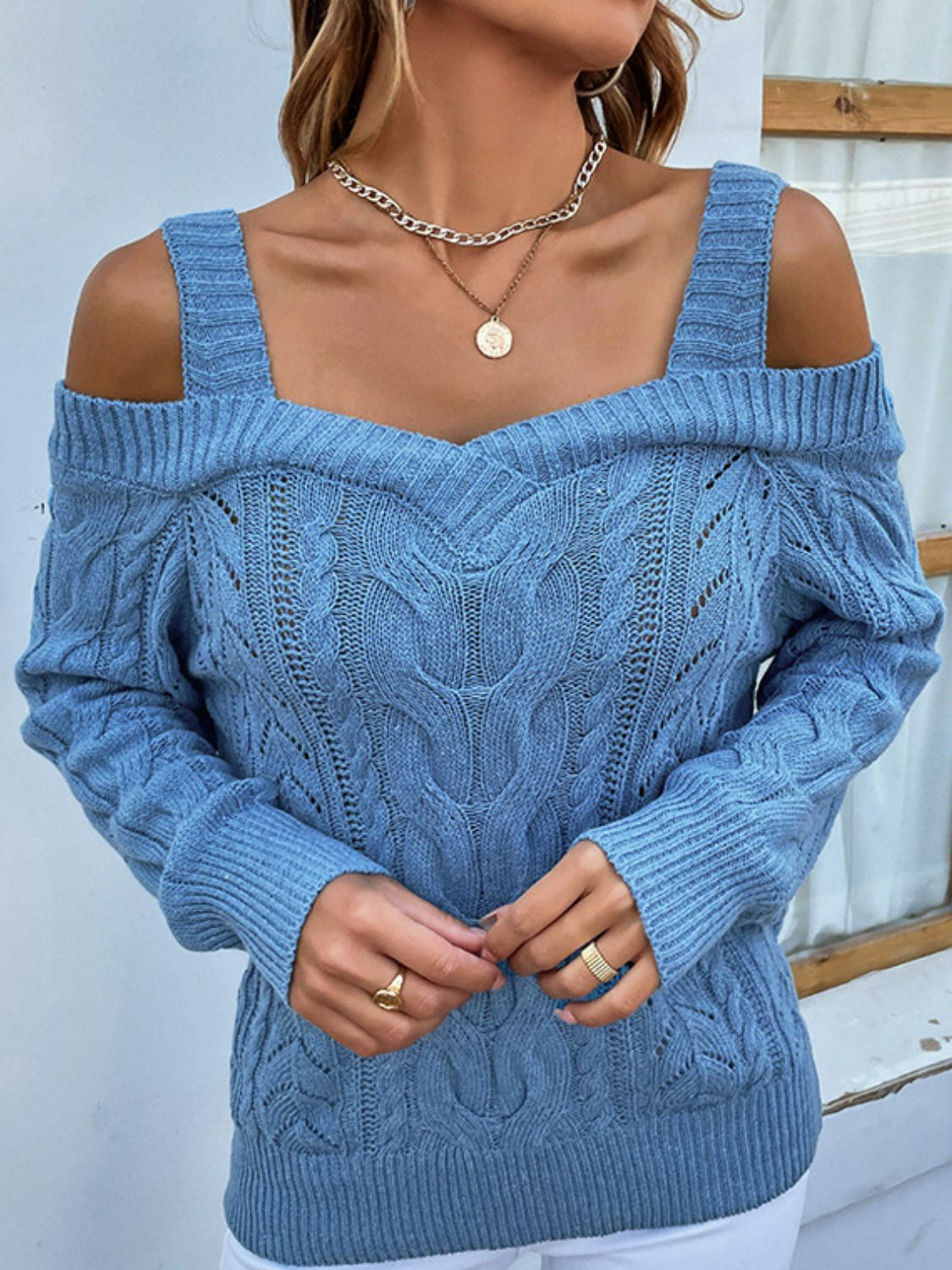 Cable-Knit Ribbed Trim Cold-Shoulder Sweater