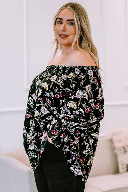 Plus Size Floral Frilled Off-Shoulder Blouse