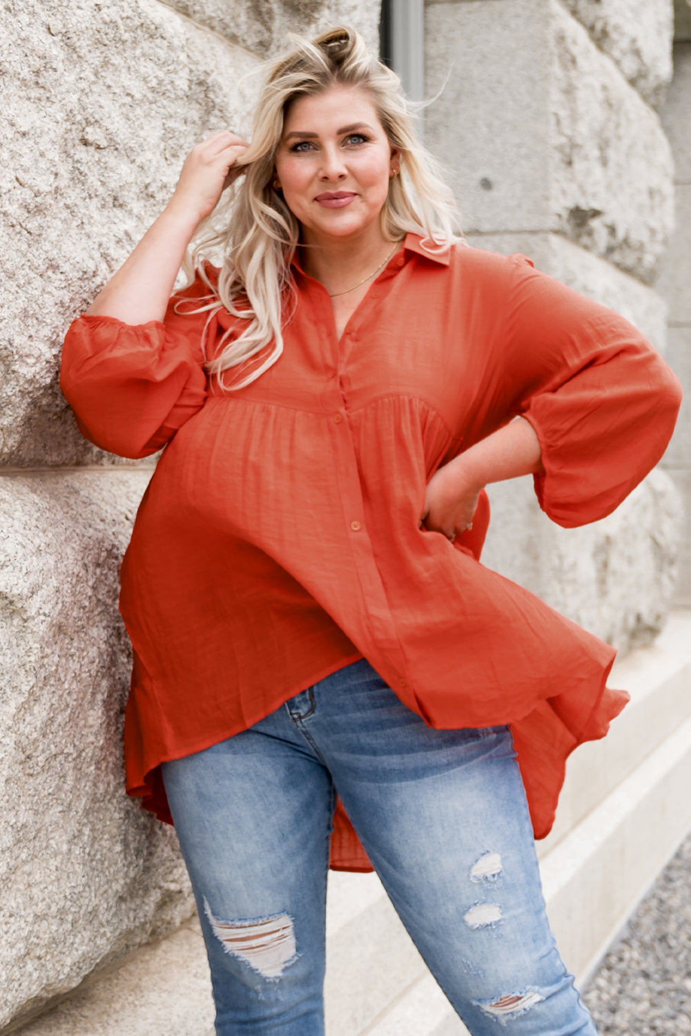 Plus Size Collared Balloon Sleeve Shirt