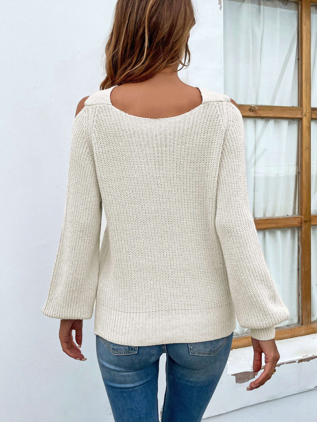 Crisscross Cold-Shoulder Rib-Knit Sweater