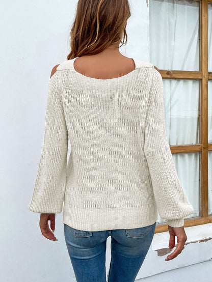 Crisscross Cold-Shoulder Rib-Knit Sweater