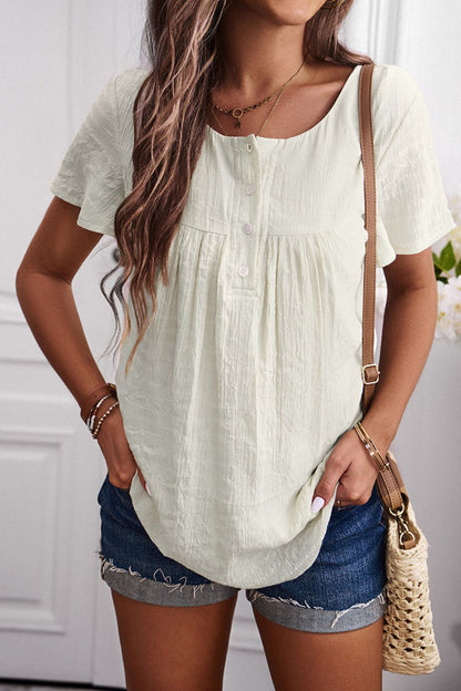 Quarter-Button Round Neck Short Sleeve Top