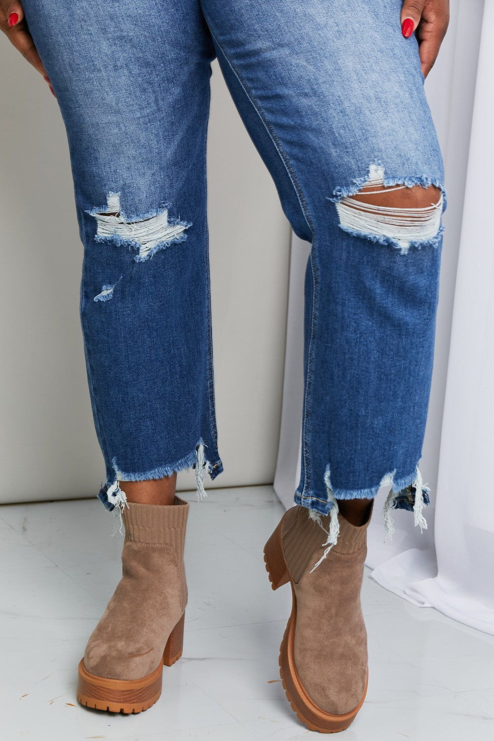 RISEN Full Size Frayed Hem Distressed Cropped Jeans