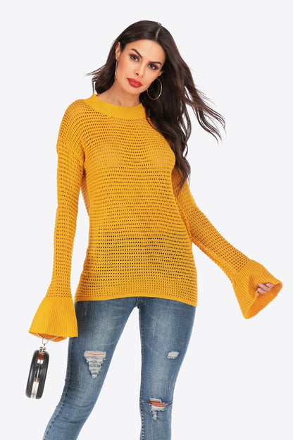 Openwork Flare Sleeve Round Neck Sweater