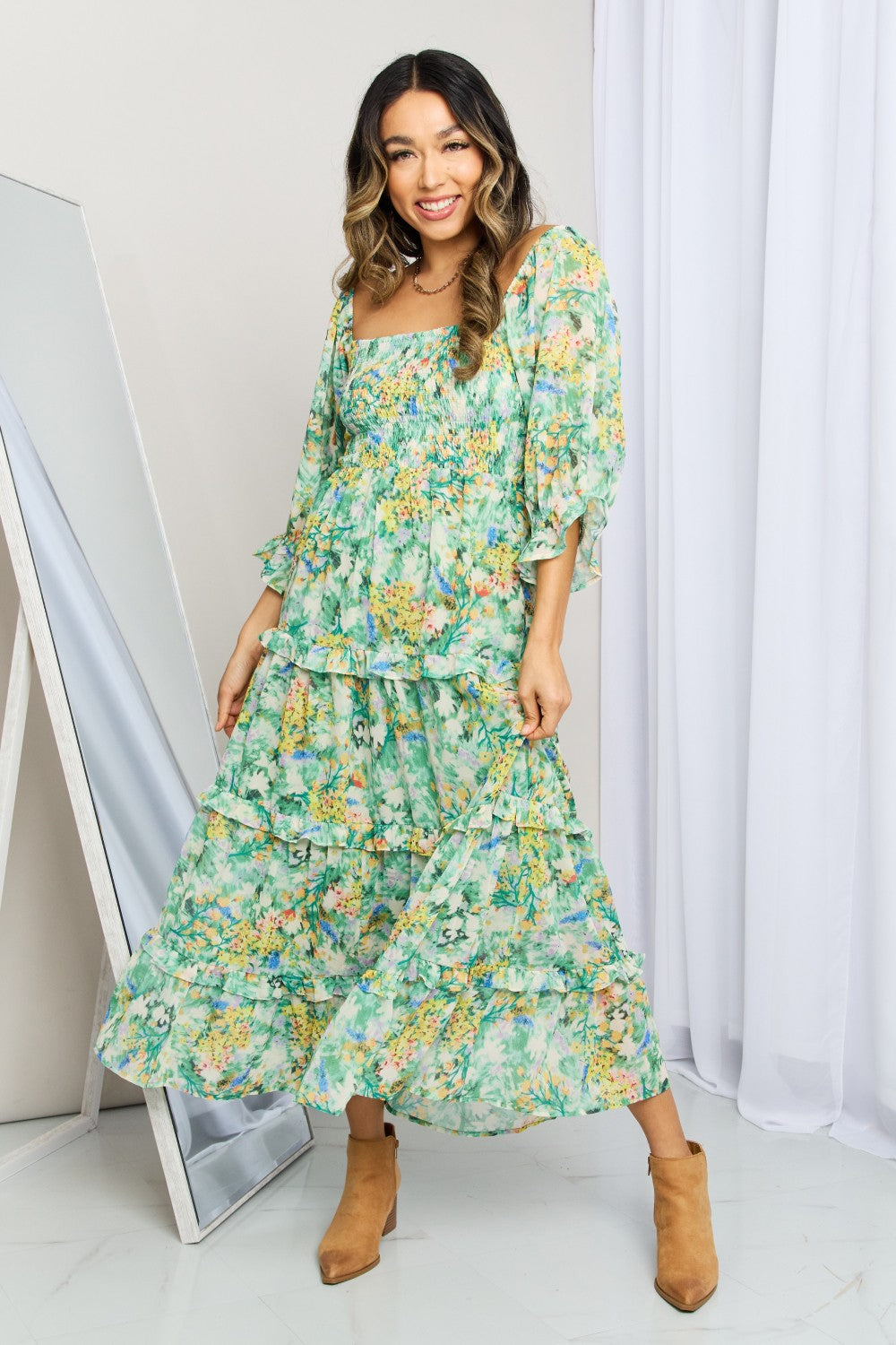 Davi & Dani Floral Frill Trim Square Neck Midi Dress