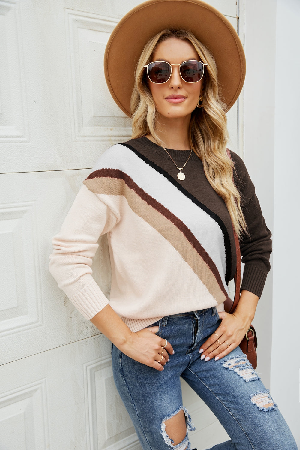 Color Block Ribbed Trim Dropped Shoulder Sweater