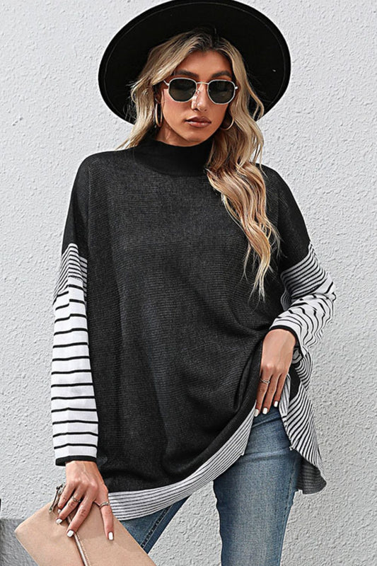 Striped Dolman Sleeve Mock Neck Knit Pullover