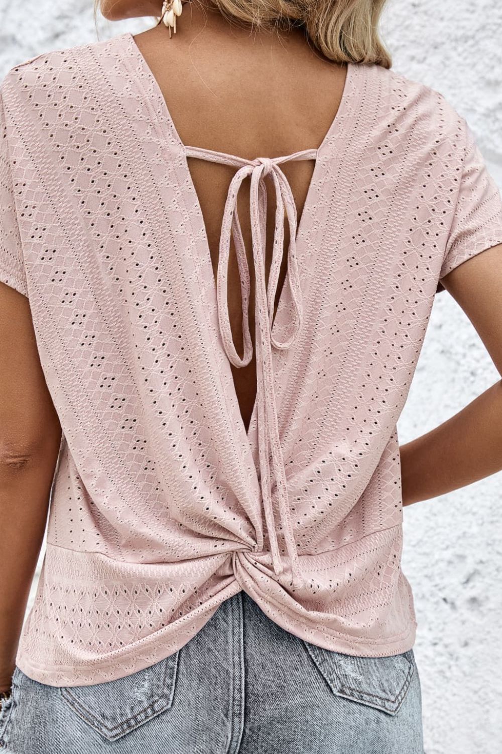 Twist Back Tied Eyelet Top