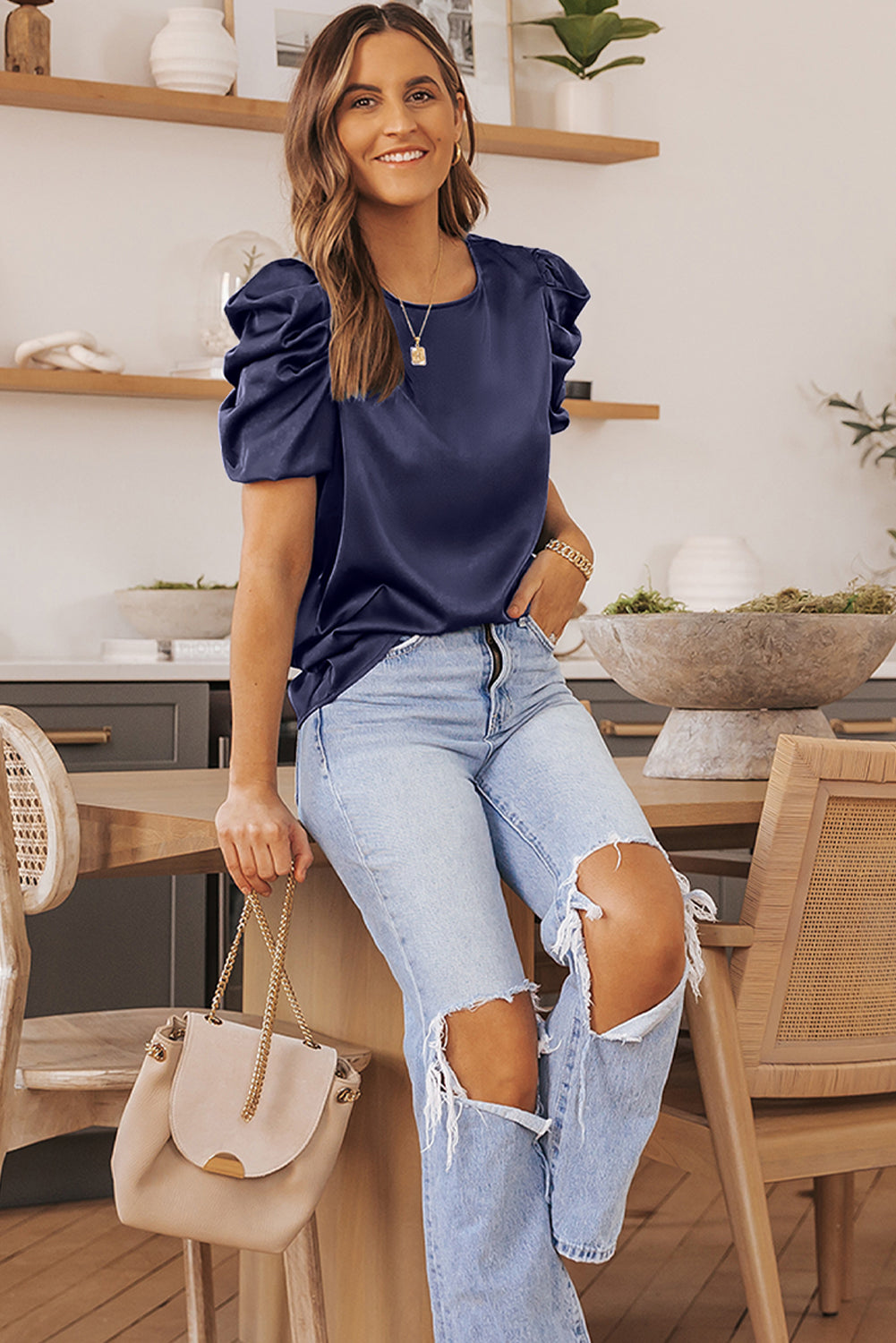 Puff Sleeve Round Neck Blouse