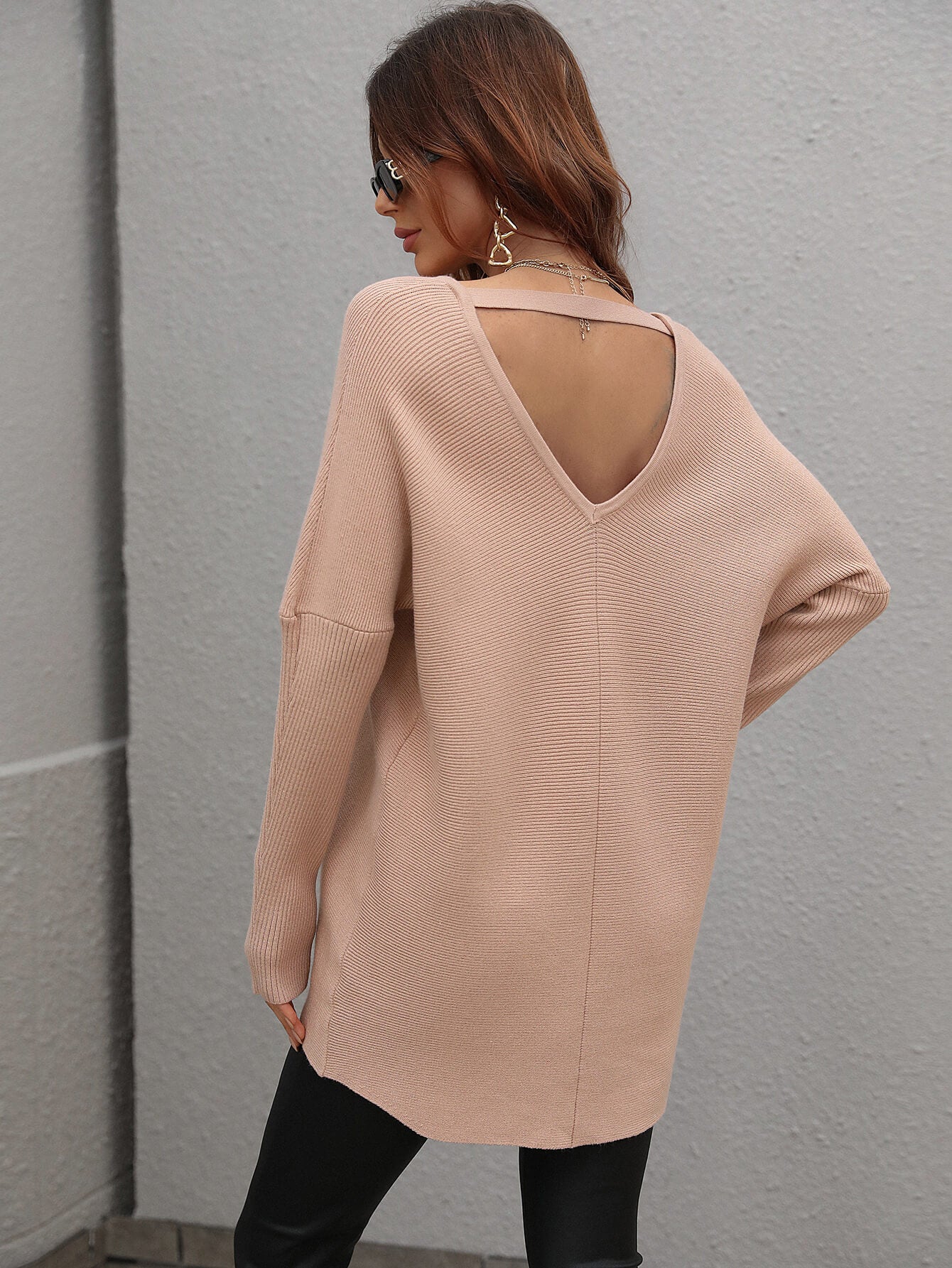 Ribbed V-Neck Open Back Tunic Sweater