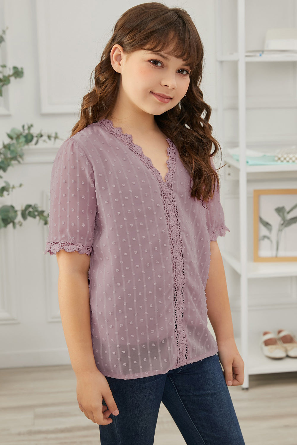 Girls Swiss Dot Spliced Lace Blouse