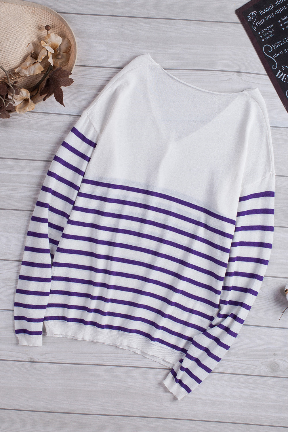 Striped V-Neck Long Sleeve Knit Top