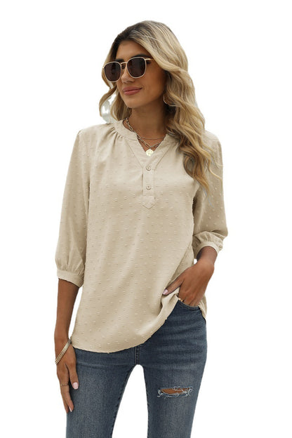 Swiss Dot Notched Neck Three-Quarter Sleeve Blouse