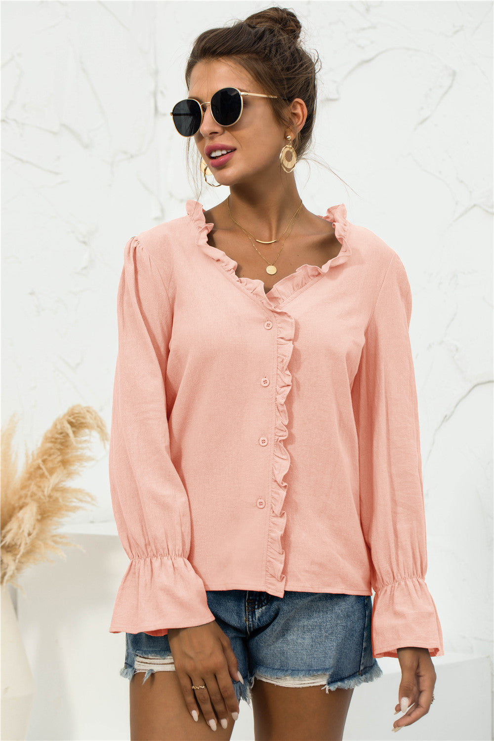 Frill Trim V-Neck Flounce Sleeve Shirt