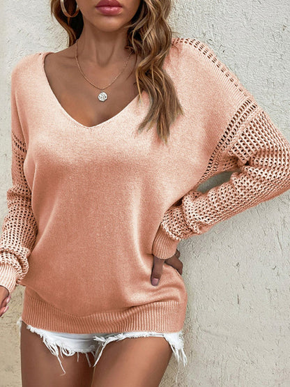 V-Neck Ribbed Trim Long Sleeve Knit Top