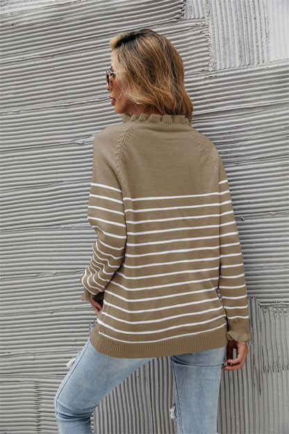 Striped Half-Button Frill Trim Sweater