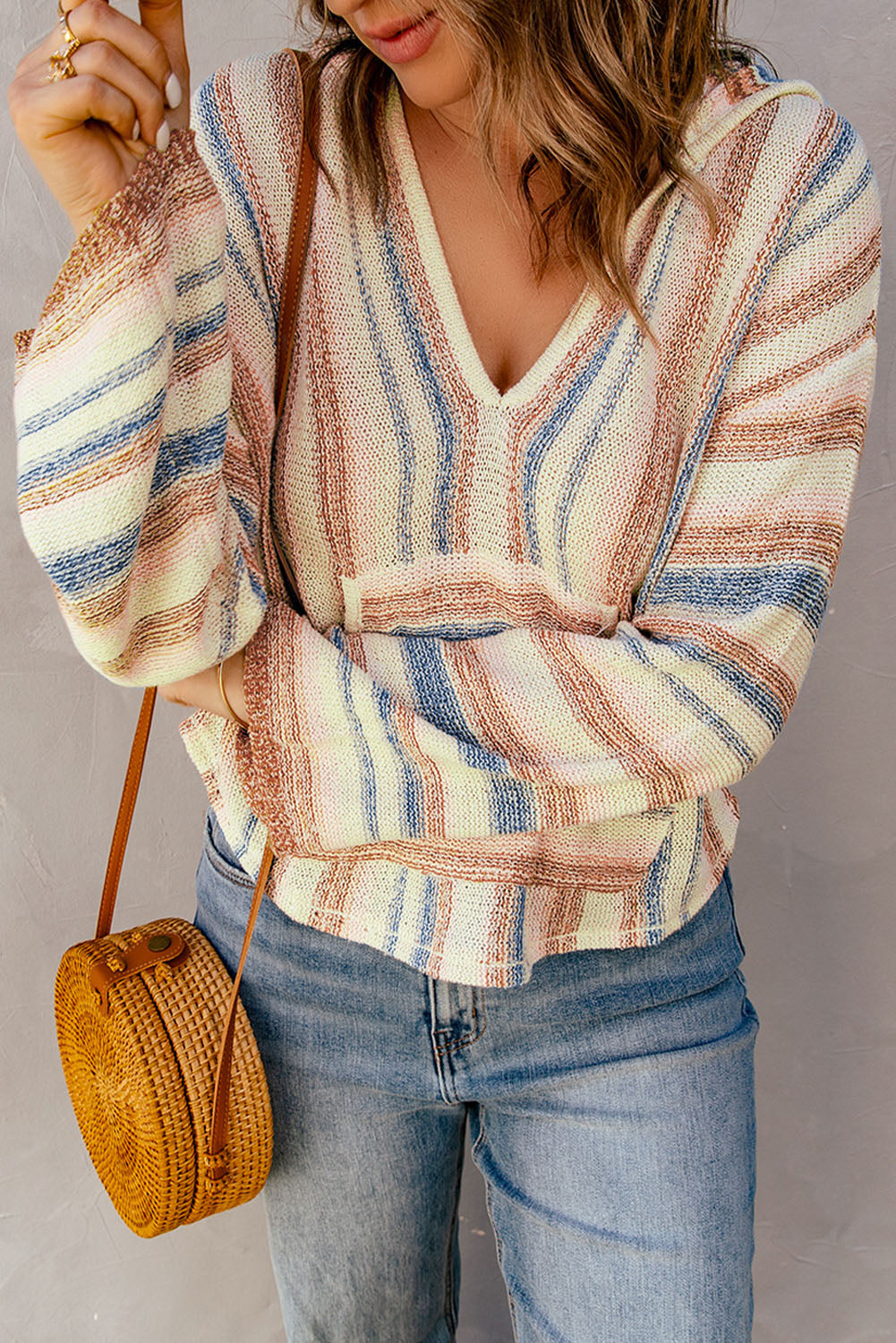 Striped Hooded Sweater with Kangaroo Pocket