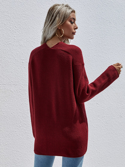 V-Neck Rib-Knit Drop Shoulder Tunic Sweater